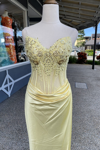 Strapless Yellow Beaded Pleated Mermaid Long Dress