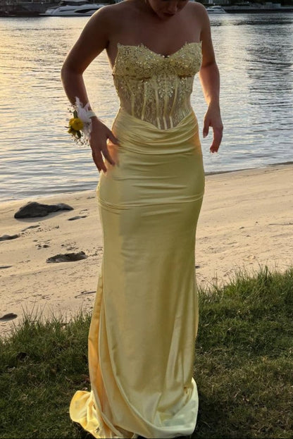 Strapless Yellow Beaded Pleated Mermaid Long Dress