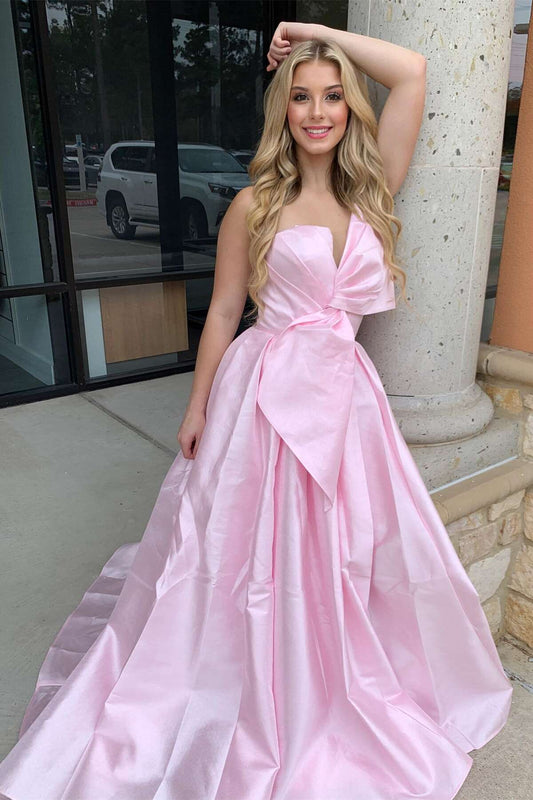 Strapless Light Pink Satin Prom Dress A-line Long with Bow