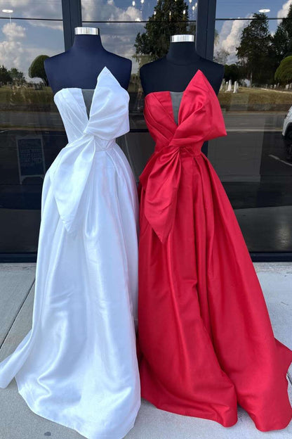 Strapless Light Pink Satin Prom Dress A-line Long with Bow