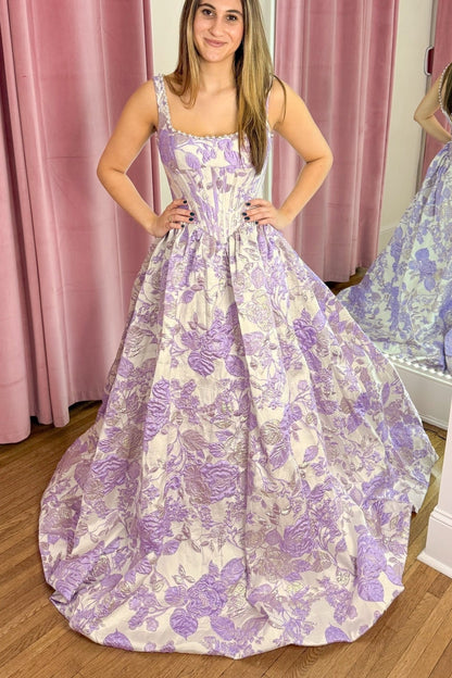 Straps Lavender Jacquard Long Dress with Pearl