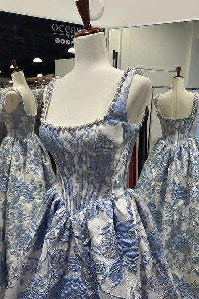 Straps Lavender Jacquard Long Dress with Pearl