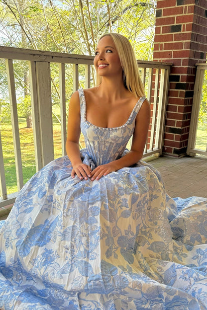 Straps Lavender Jacquard Long Dress with Pearl