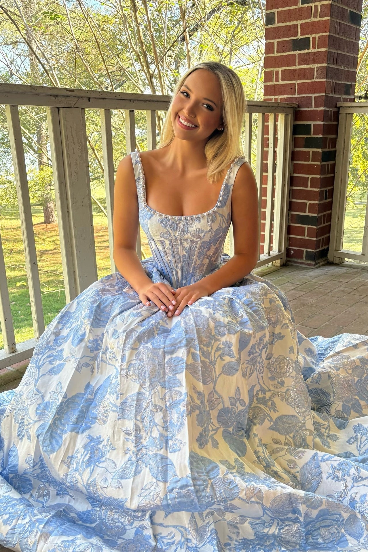 Straps Lavender Jacquard Long Dress with Pearl