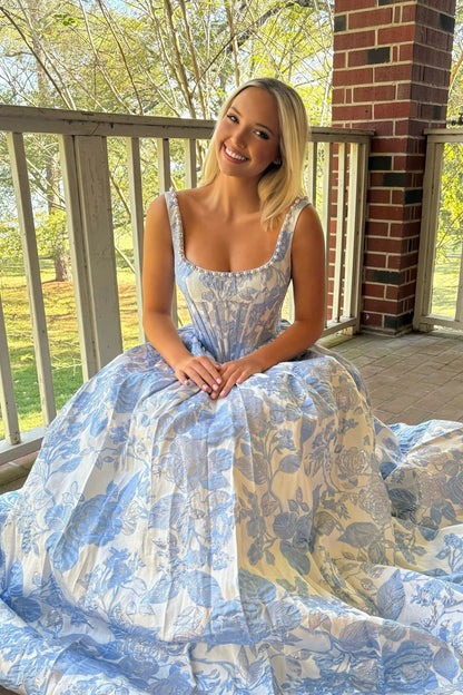 Straps Lavender Jacquard Long Dress with Pearl