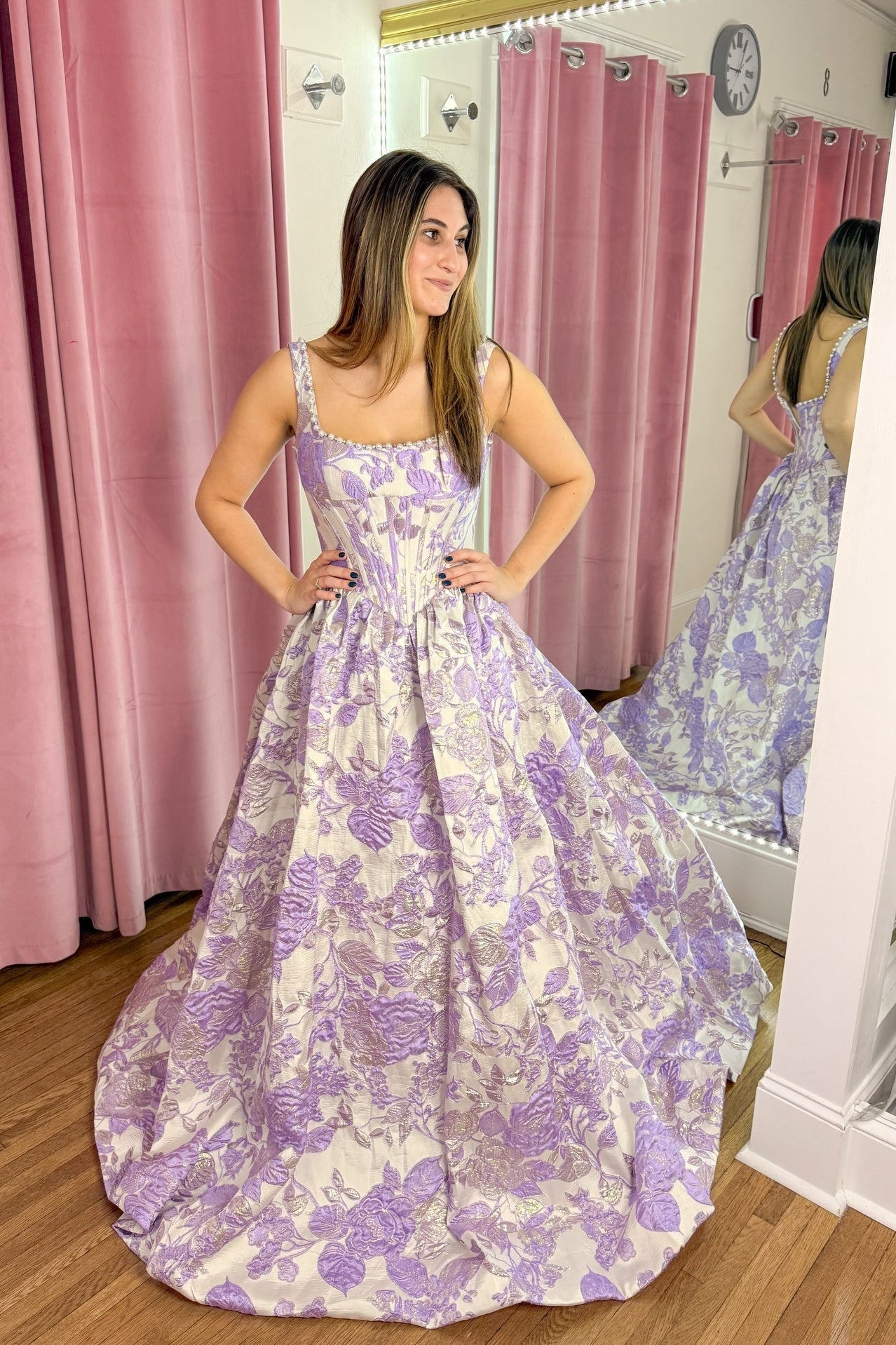 Straps Lavender Jacquard Long Dress with Pearl