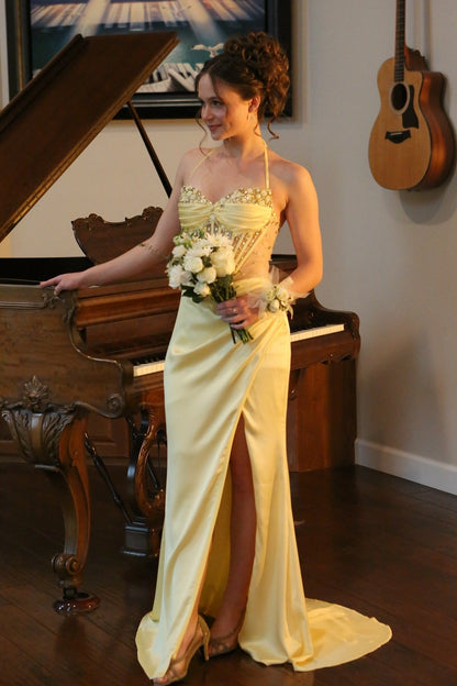 Straps Yellow Beaded Long Dress with Slit