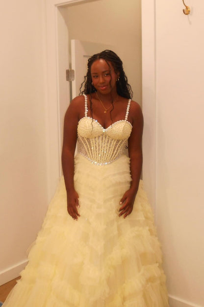 Straps Yellow Beaded Ruffled Long Dress with Pearls