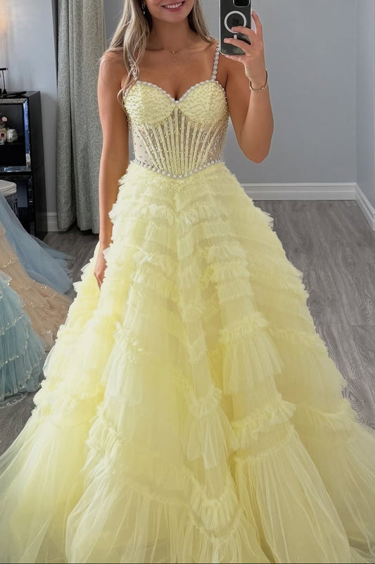 Straps Yellow Beaded Ruffled Long Dress with Pearls