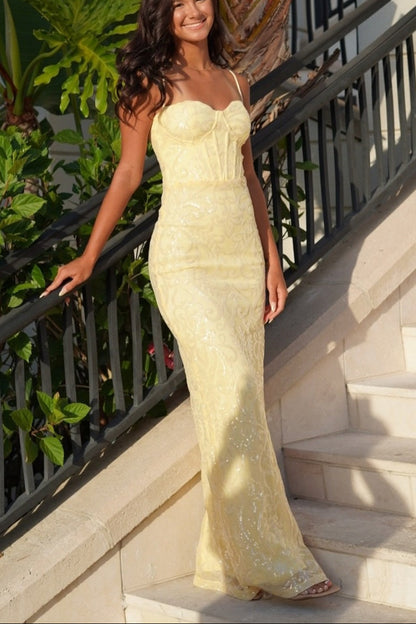 Straps Yellow Sequin Appliques Fitted Long Dress