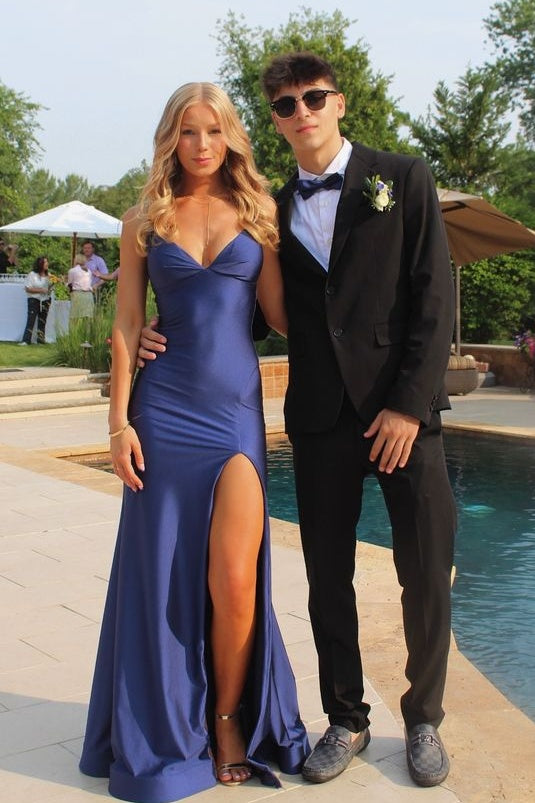 Mermaid Spaghetti Straps Navy Blue Long Prom Dress with Criss Cross Back