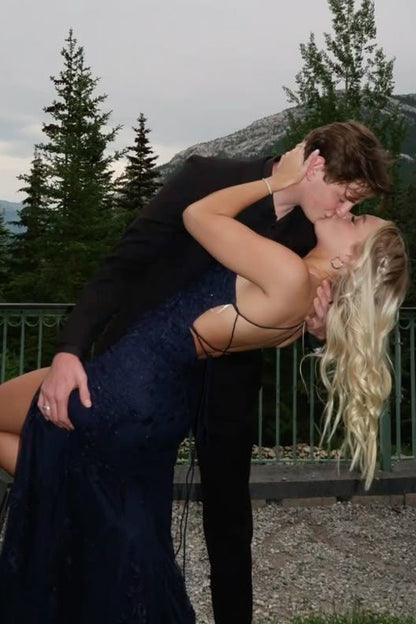 Mermaid Spaghetti Straps Navy Blue Long Prom Dress with Criss Cross Back