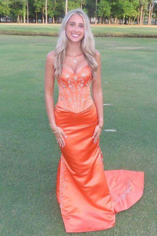 Stunning Mermaid Sweetheart Orange Corset Prom Dress with Embroidery