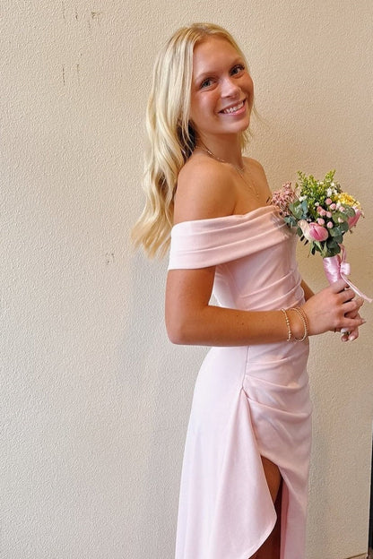 Stunning Sheath Off the Shoulder Light Pink Long Prom Dress with Split Front
