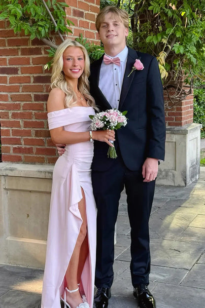 Stunning Sheath Off the Shoulder Light Pink Long Prom Dress with Split Front