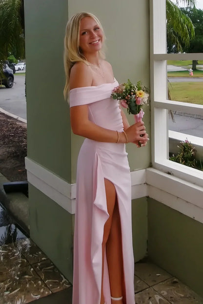 Stunning Sheath Off the Shoulder Light Pink Long Prom Dress with Split Front