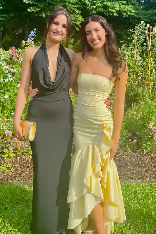 Stunning Sheath Strapless Yellow Long Prom Dress with Ruffles