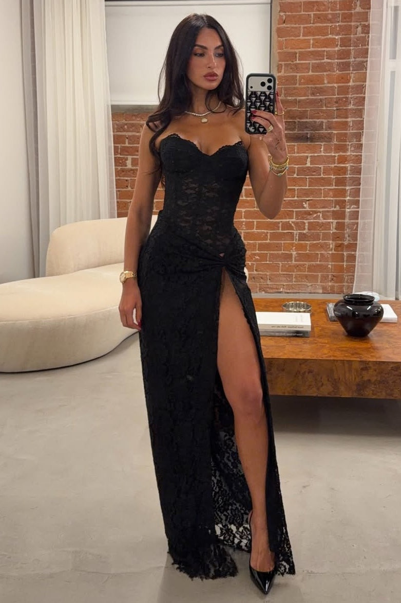 Stylish Mermaid Sweetheart Black Lace Long Party Dress with Split Front