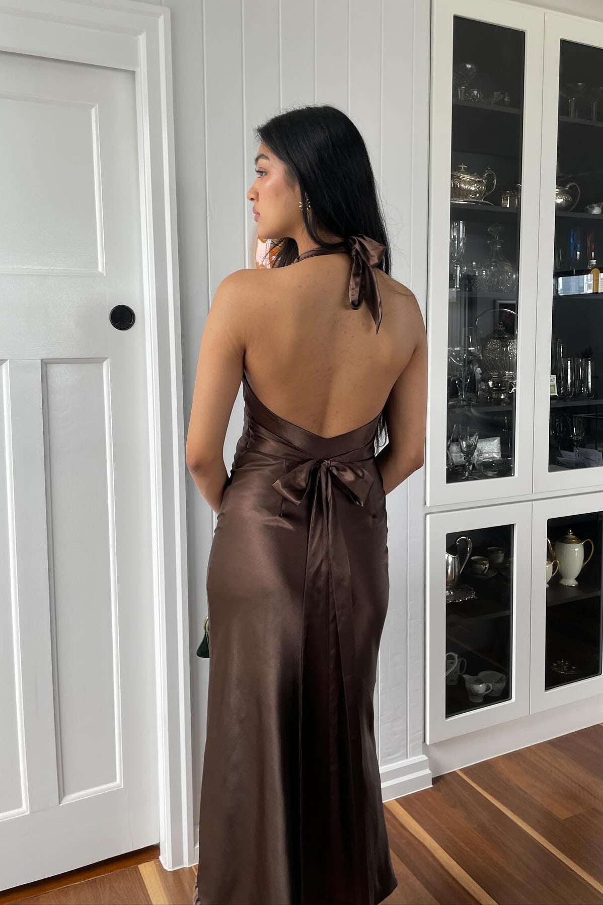 Elegant Meriamd Satin V Neck Prom Dress with Ruched Bodice