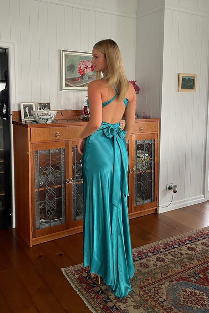 Elegant Meriamd Satin V Neck Prom Dress with Ruched Bodice