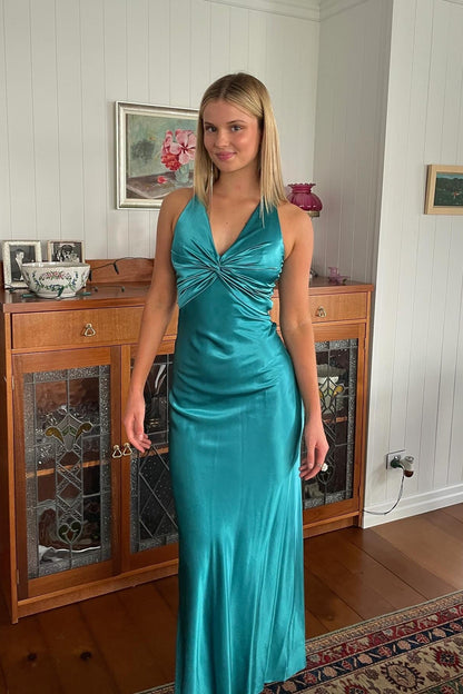Elegant Meriamd Satin V Neck Prom Dress with Ruched Bodice