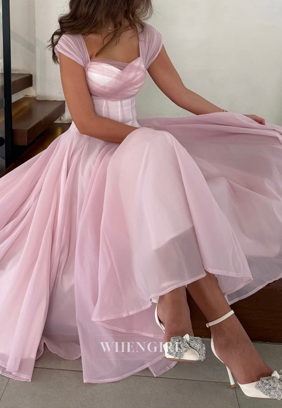 Pale Blush Cap Sleeves Pleated A-Line Sweetheart Long Formal Evening Dress