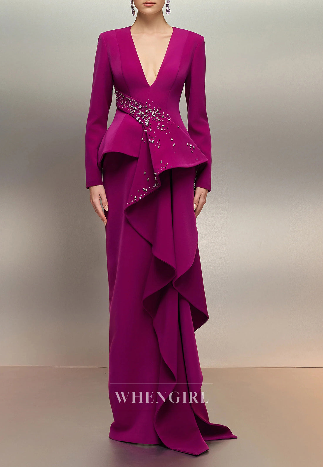 Orchid V Neck Long Sleeves Beaded Ruffles Column Mother of the Bride Dress