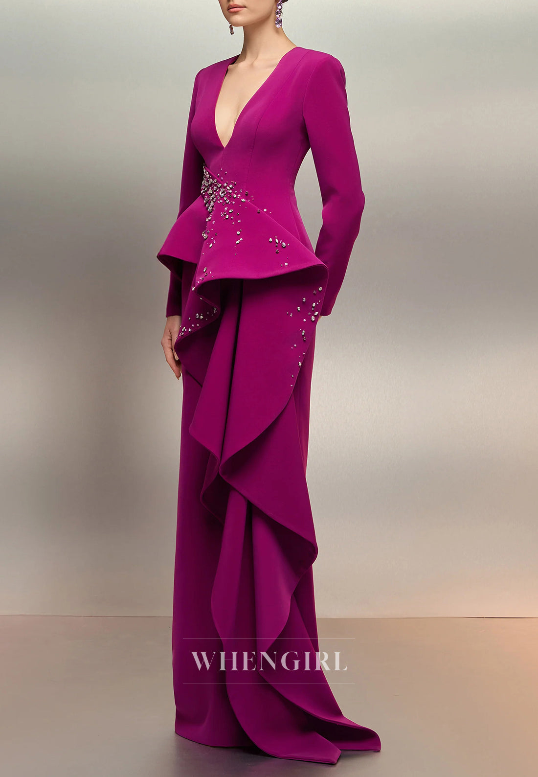 Orchid V Neck Long Sleeves Beaded Ruffles Column Mother of the Bride Dress