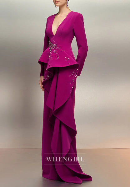 Orchid V Neck Long Sleeves Beaded Ruffles Column Mother of the Bride Dress