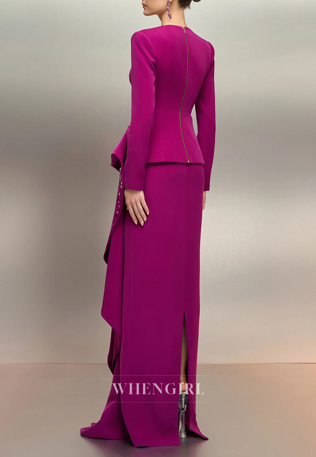 Orchid V Neck Long Sleeves Beaded Ruffles Column Mother of the Bride Dress