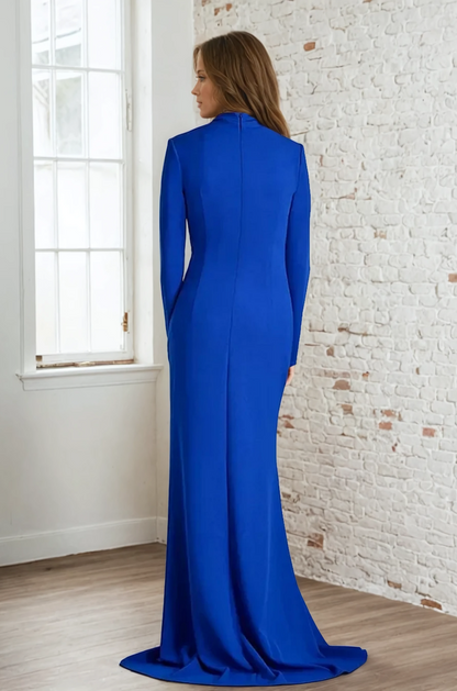 Royal Blue Long Sleeves V Neck Ruffles Long Sleeves Gown