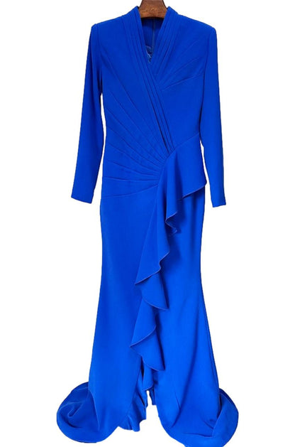 Royal Blue Long Sleeves V Neck Ruffles Long Sleeves Gown