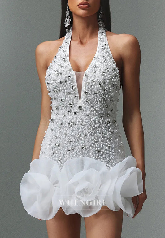 White Halter Sleeveless 3D Flowers Sheath Short Homecoming Dress with Diamond Pearls