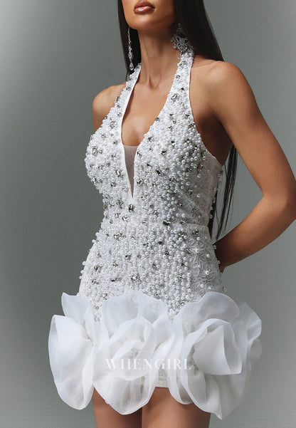 White Halter Sleeveless 3D Flowers Sheath Short Homecoming Dress with Diamond Pearls