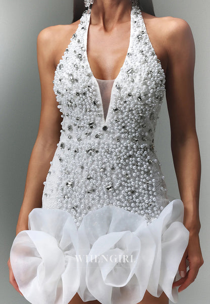White Halter Sleeveless 3D Flowers Sheath Short Homecoming Dress with Diamond Pearls