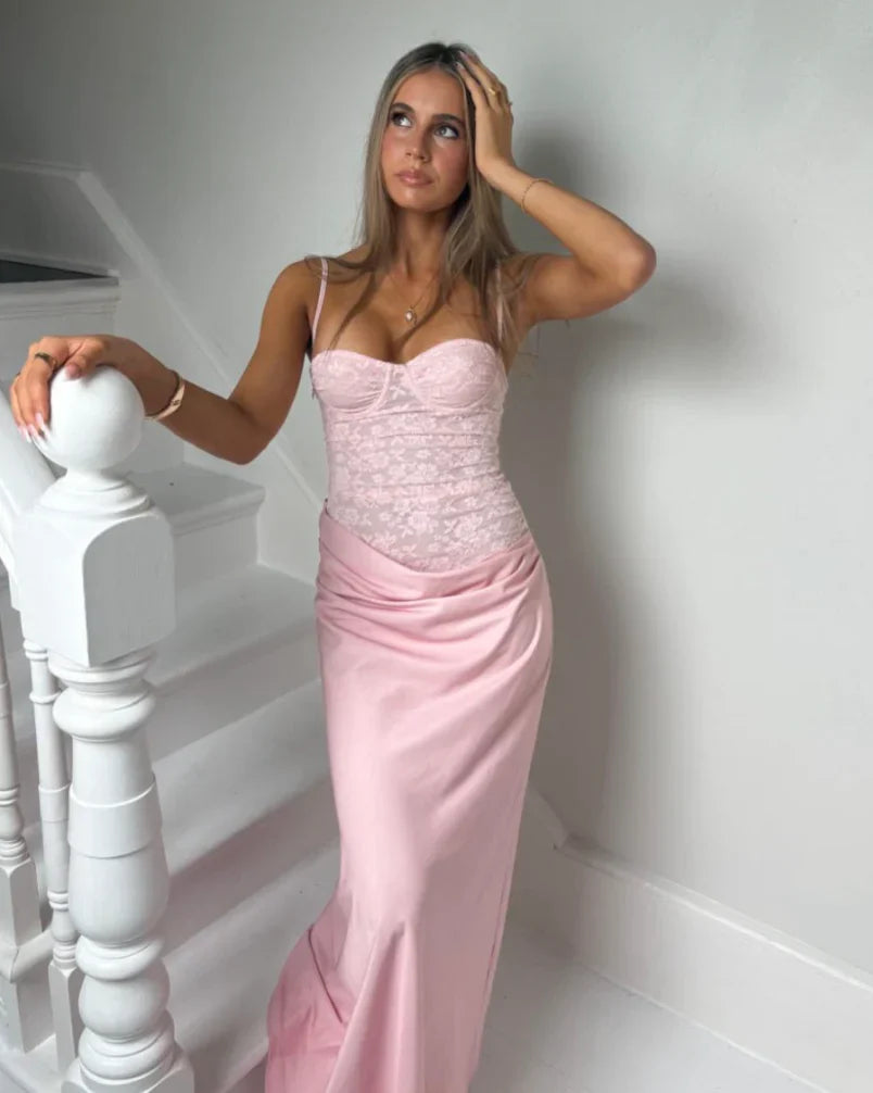 Trendy Mermaid Spaghetti Straps Light Pink Long Prom Dress with Lace