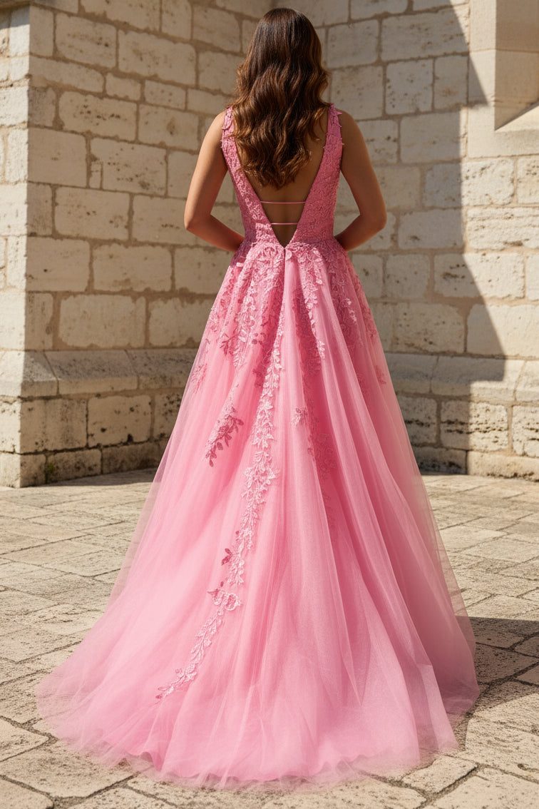 A Line Tulle Appliqued Prom Dresses Long Elegant V Neck Evening Party Gowns