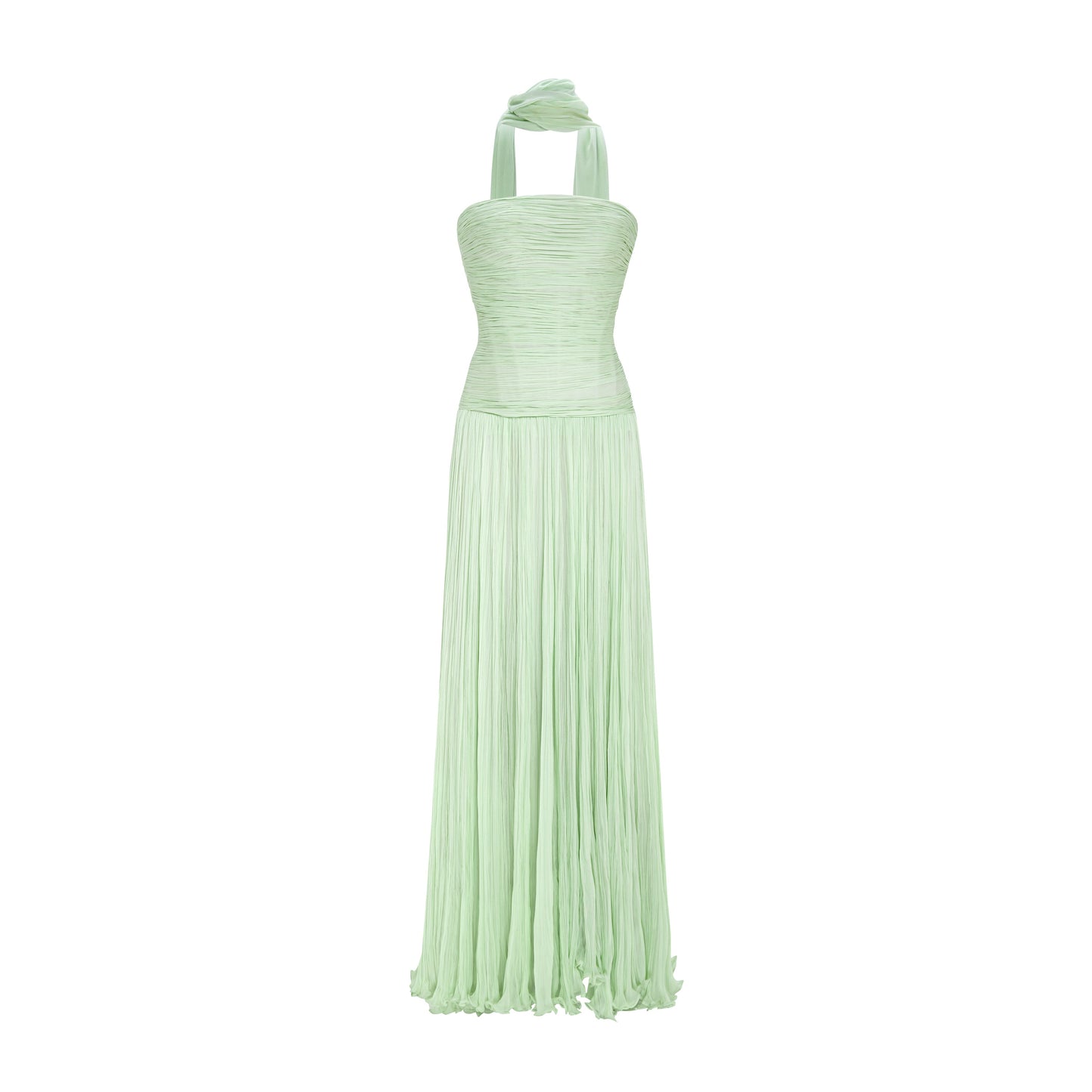 Green Pleated Sleeveless Ruched Formal Gown with Scarf