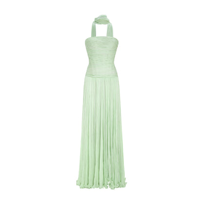Green Pleated Sleeveless Ruched Formal Gown with Scarf