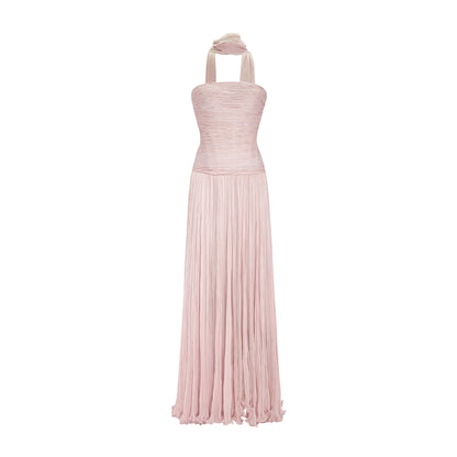 Green Pleated Sleeveless Ruched Formal Gown with Scarf