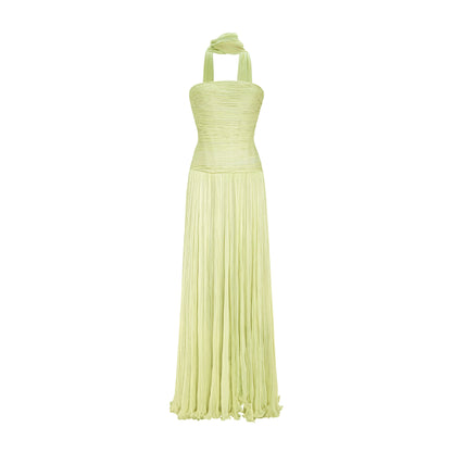 Green Pleated Sleeveless Ruched Formal Gown with Scarf