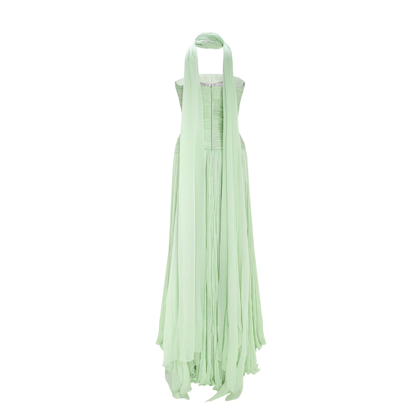 Green Pleated Sleeveless Ruched Formal Gown with Scarf