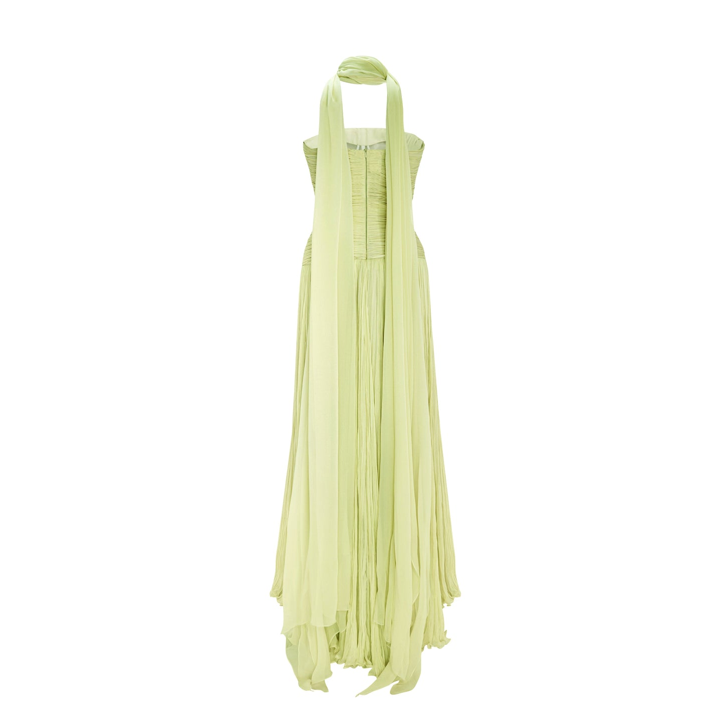 Green Pleated Sleeveless Ruched Formal Gown with Scarf
