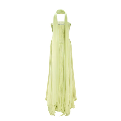 Green Pleated Sleeveless Ruched Formal Gown with Scarf