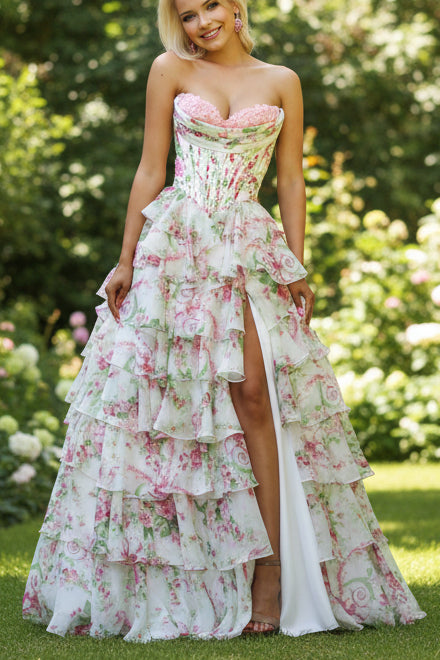 A-Line Side Slit Floral Print Ruffle Prom Dress