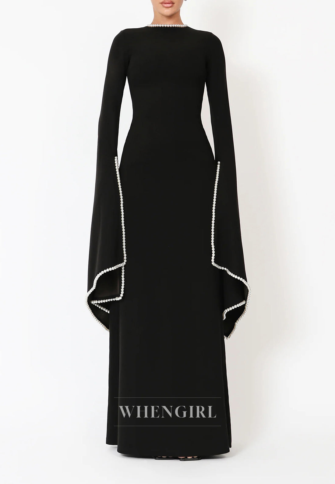 Sheath Beateau Neck Floor Length Formal Dress Long Sleeves Beaded Pearls Evening Gown