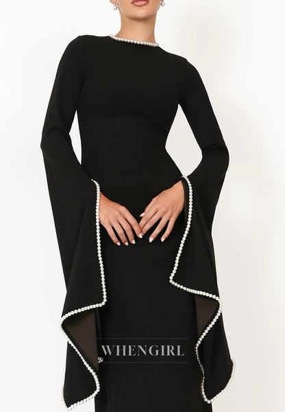 Sheath Beateau Neck Floor Length Formal Dress Long Sleeves Beaded Pearls Evening Gown