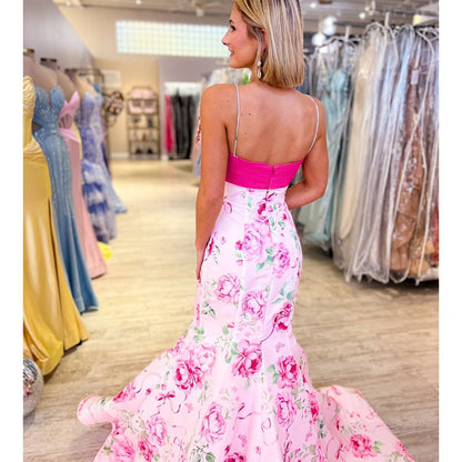 Mermaid Satin Floral Print Prom Dresses Long V Neck Evening Party Gowns for Women