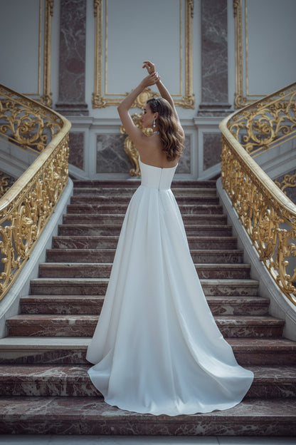 Draped V-neckline Sleeveless Back Zip-closure 3D Floral Sheath Satin Wedding Dress