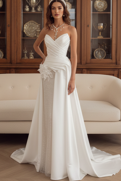 Draped V-neckline Sleeveless Back Zip-closure 3D Floral Sheath Satin Wedding Dress